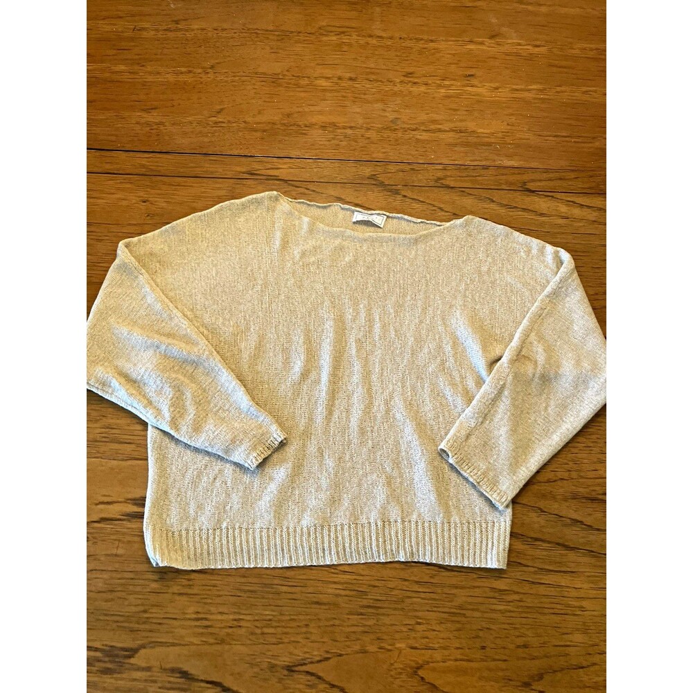Sage The Label Women's Beige Solid Knit Crew Neck 3/4 Sleeve Pullover Sweater M